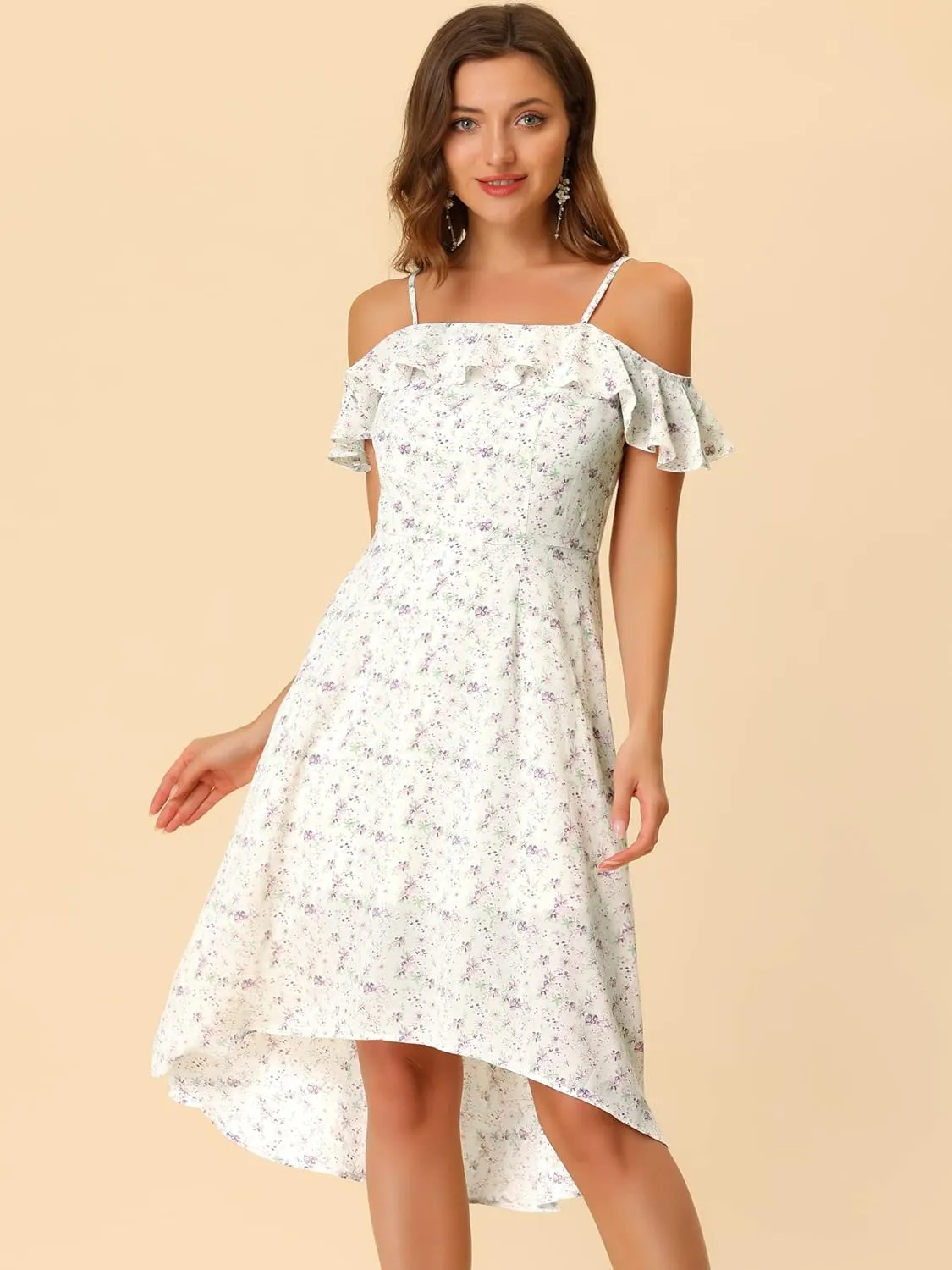 Allegra K Women's Spaghetti Strap Ruffled Sleeves Asymmetrical High Low Floral A-Line Midi Dress