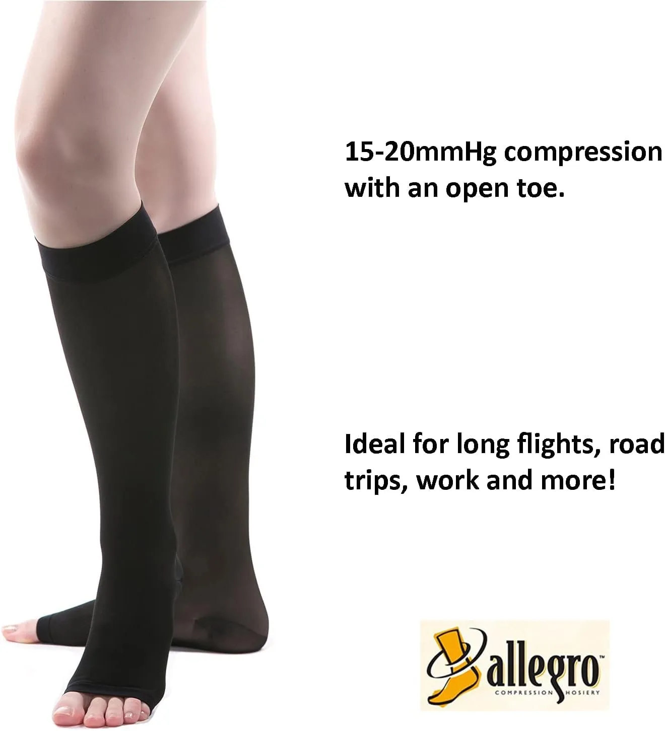 Allegro 15-20mmHg Essential 17 Sheer Support Open Toe Compression Sock - Comfortable, Open Toe, Knee High Support Stockings