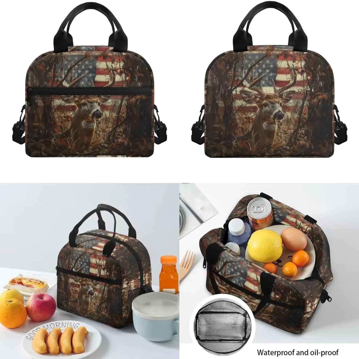 American Flag Boys Backpack with Lunch Box Camo Deer Kids Bookbags for 6th Grade Girls 6-8/8-10/8-12 Elementary School Book Bag Lunch Bag Hunting 15 inch Back Pack Lunchbox Pencil Case Set