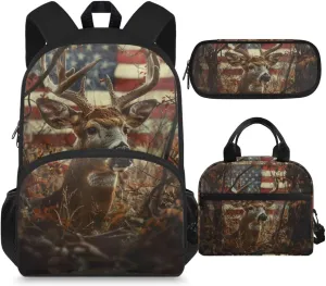 American Flag Boys Backpack with Lunch Box Camo Deer Kids Bookbags for 6th Grade Girls 6-8/8-10/8-12 Elementary School Book Bag Lunch Bag Hunting 15 inch Back Pack Lunchbox Pencil Case Set