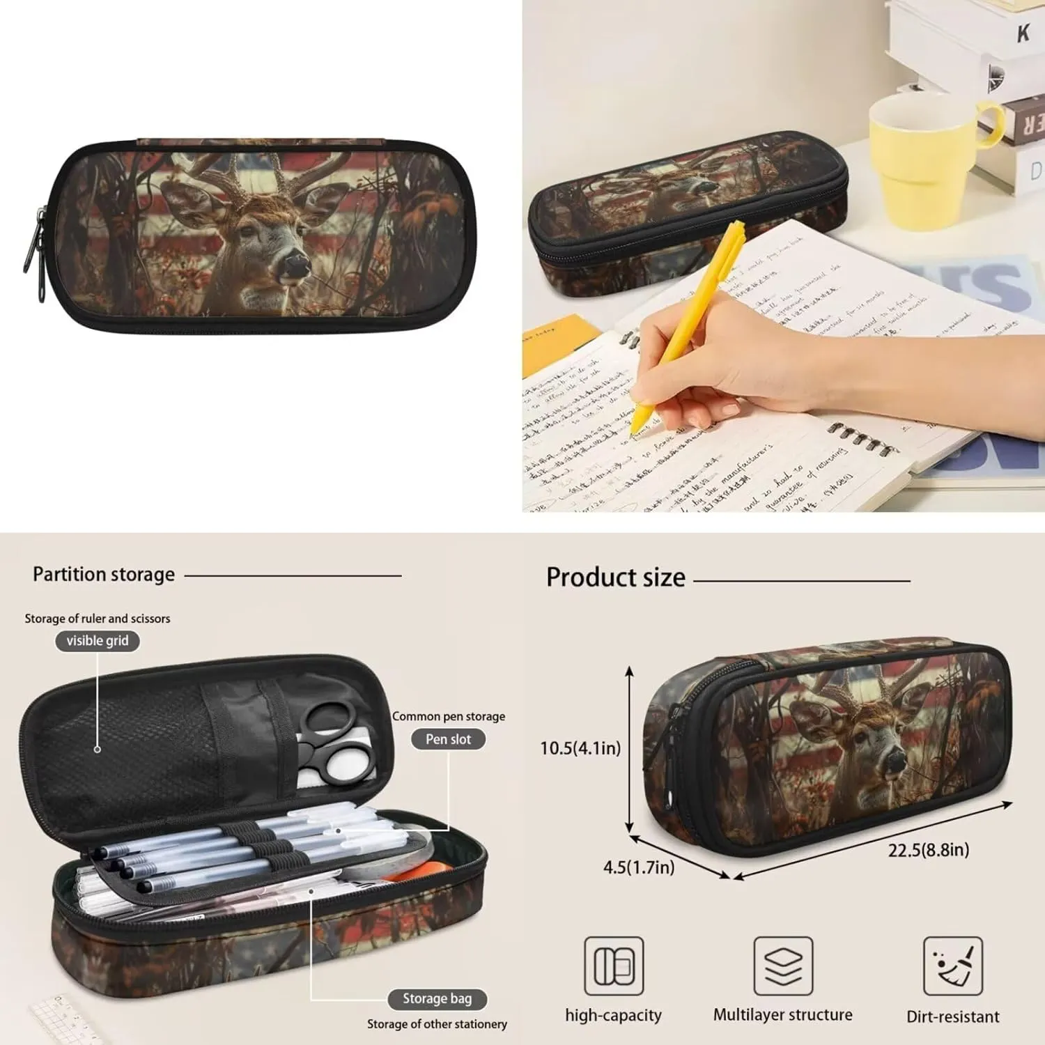 American Flag Boys Backpack with Lunch Box Camo Deer Kids Bookbags for 6th Grade Girls 6-8/8-10/8-12 Elementary School Book Bag Lunch Bag Hunting 15 inch Back Pack Lunchbox Pencil Case Set