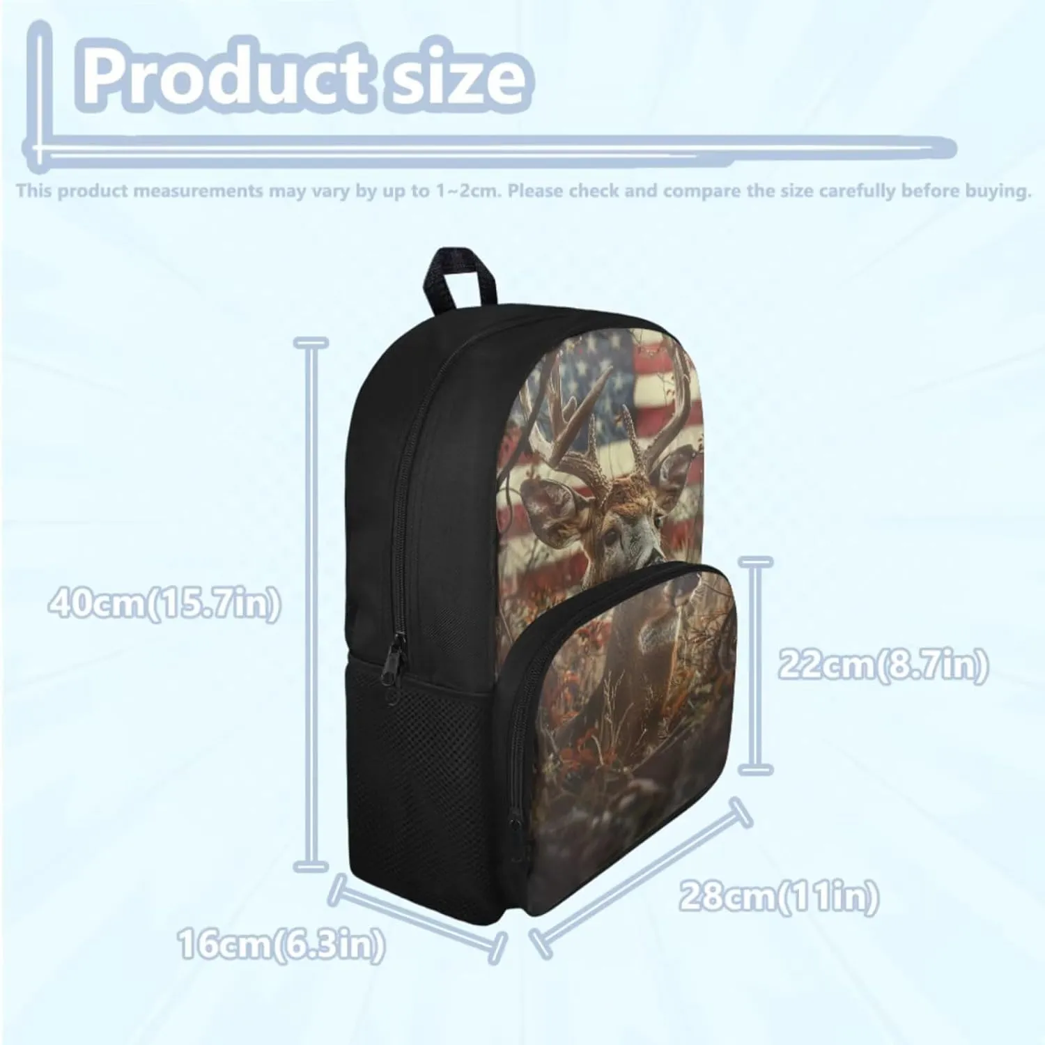 American Flag Boys Backpack with Lunch Box Camo Deer Kids Bookbags for 6th Grade Girls 6-8/8-10/8-12 Elementary School Book Bag Lunch Bag Hunting 15 inch Back Pack Lunchbox Pencil Case Set