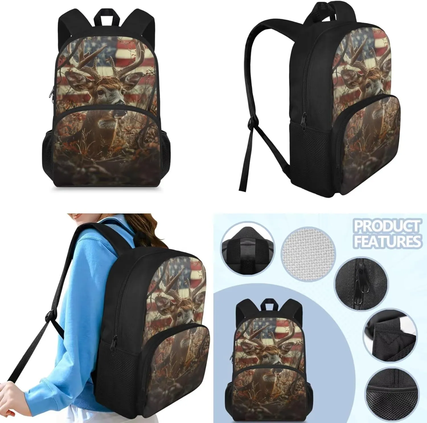 American Flag Boys Backpack with Lunch Box Camo Deer Kids Bookbags for 6th Grade Girls 6-8/8-10/8-12 Elementary School Book Bag Lunch Bag Hunting 15 inch Back Pack Lunchbox Pencil Case Set