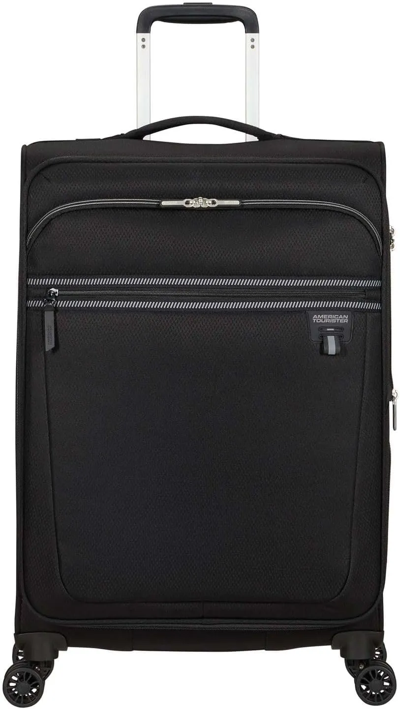 American Tourister Soft trolley medium expandable with 4 swivel wheels and integrated closure with 3 digit combination with TSA function. Features a large main compartment, el straps, 1041 Black