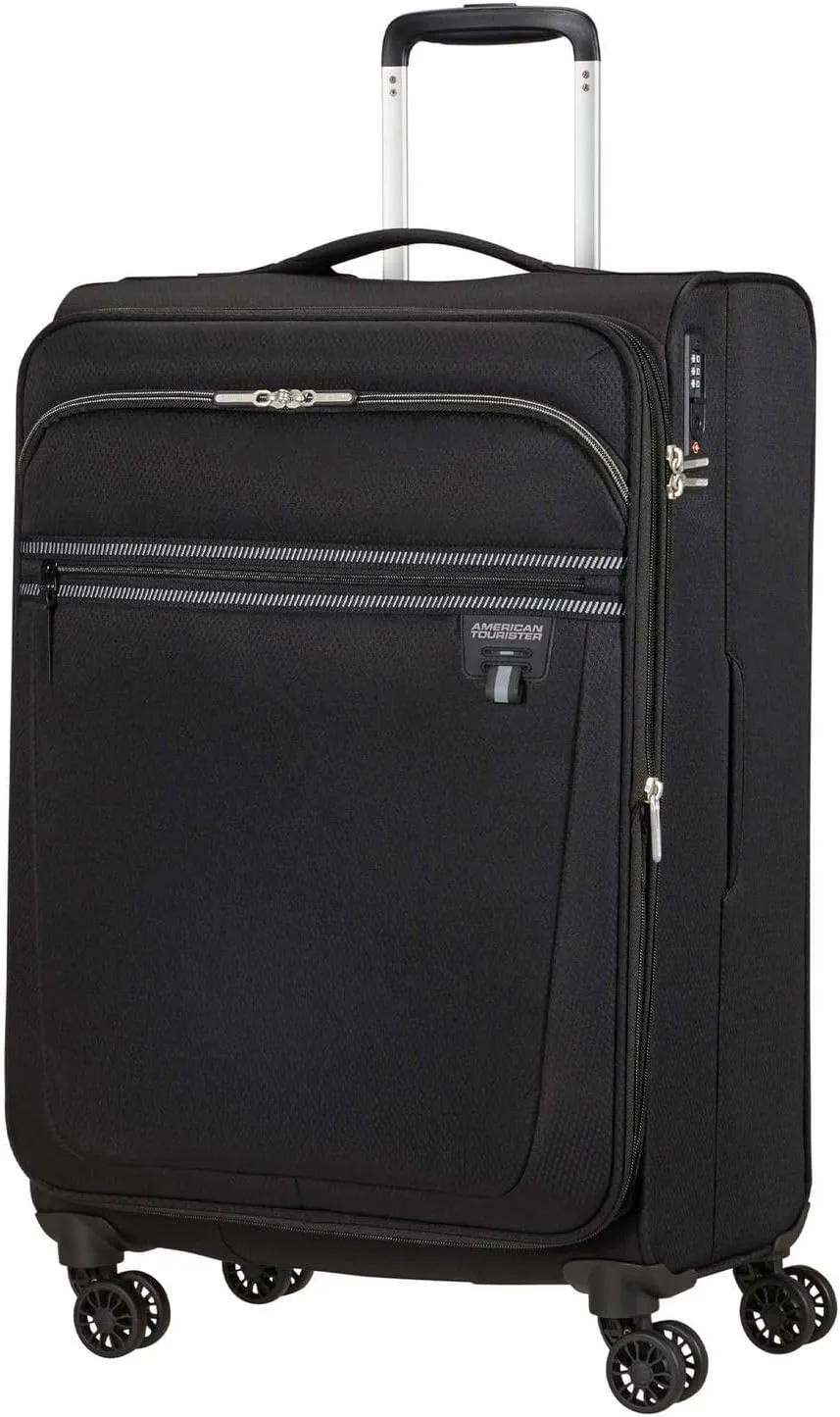 American Tourister Soft trolley medium expandable with 4 swivel wheels and integrated closure with 3 digit combination with TSA function. Features a large main compartment, el straps, 1041 Black