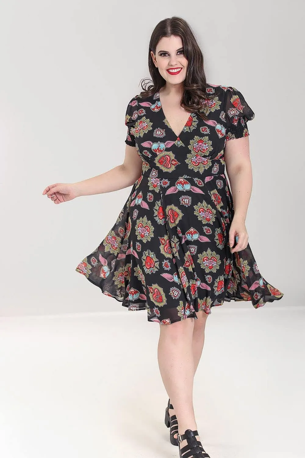Amias Heart Print Retro Vintage Style Mid Dress Black