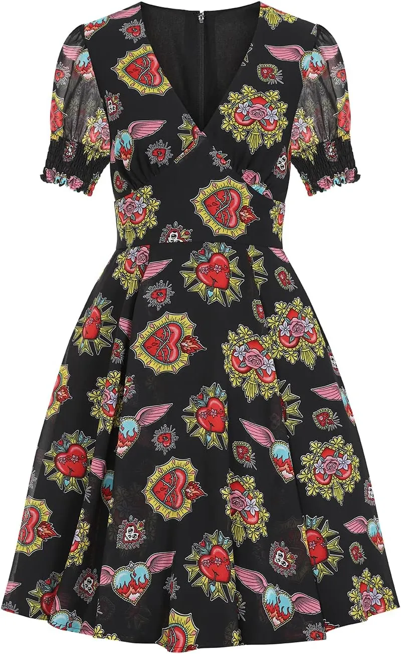 Amias Heart Print Retro Vintage Style Mid Dress Black