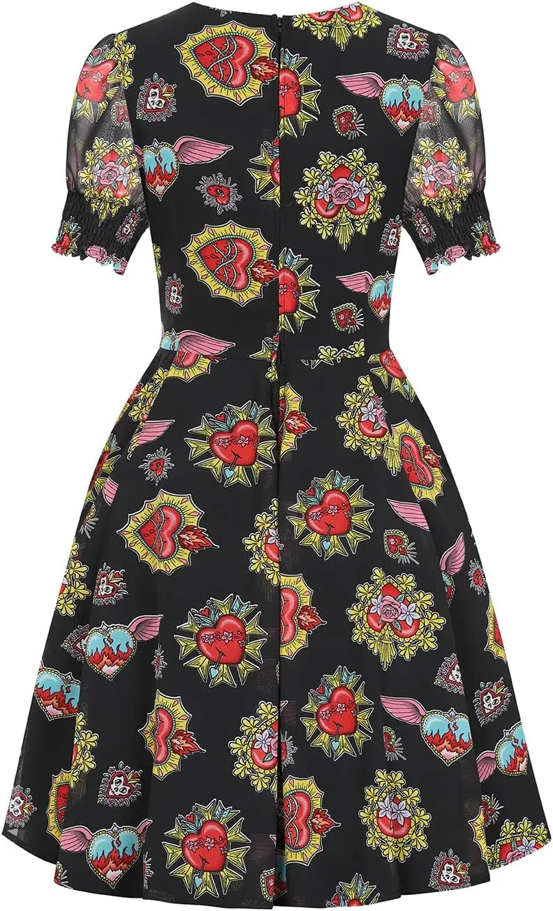 Amias Heart Print Retro Vintage Style Mid Dress Black