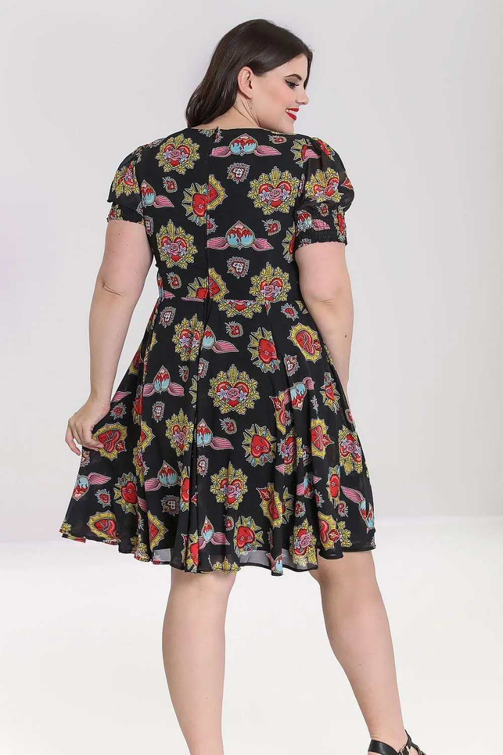 Amias Heart Print Retro Vintage Style Mid Dress Black