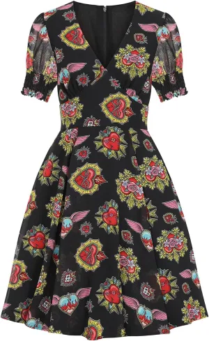 Amias Heart Print Retro Vintage Style Mid Dress Black