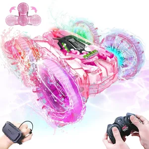 Amphibious Remote Control Car, 4WD Waterproof RC Cars Remote Control Boat Pool Toys for Girls 8-10, Gesture Sensing RC Stunt Car Lake Water Toy for Kids Ages 3 4 5 6 7 8-12 Birthday Gifts, Pink