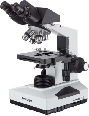 AmScope B490B Compound Binocular Microscope, WF10x and WF20x Eyepieces, 40X-2000X Magnification, Brightfield, Halogen Illumination, Abbe Condenser, Double-Layer Mechanical Stage, Sliding Head, High-Resolution Optics, Anti-Mold , White