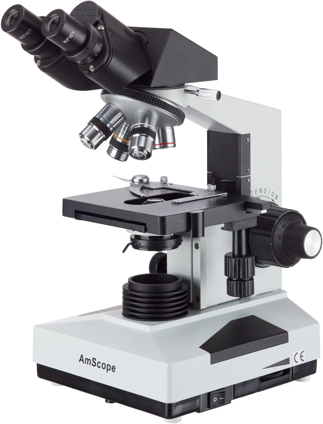 AmScope B490B Compound Binocular Microscope, WF10x and WF20x Eyepieces, 40X-2000X Magnification, Brightfield, Halogen Illumination, Abbe Condenser, Double-Layer Mechanical Stage, Sliding Head, High-Resolution Optics, Anti-Mold , White