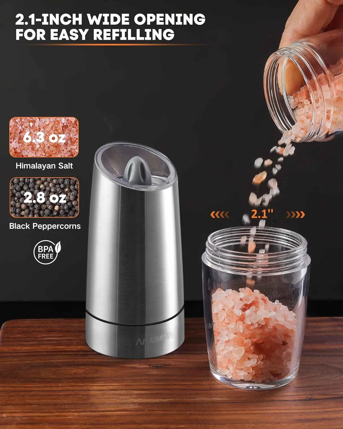 AmuseWit Gravity Electric Salt and Pepper Grinder Set [White Light] - Battery Operated Automatic Pepper and Salt Mills,Adjustable Coarseness,One-Handed Operation,Stainless Steel