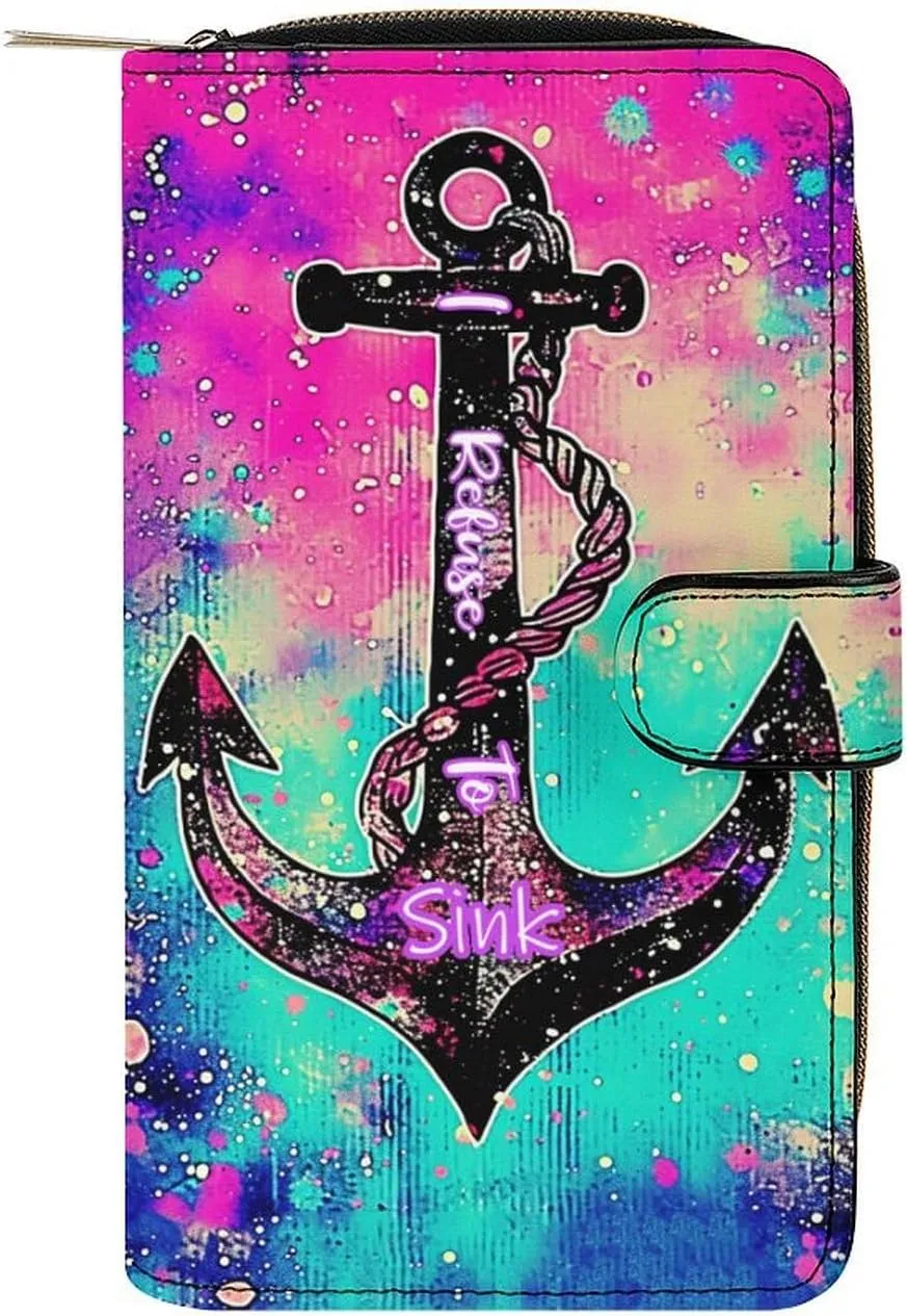 Anchor Nautical Refuse To Sink Long Wallet for Men Women, PU Leather Large Travel Long Purse Clutch with Zipper