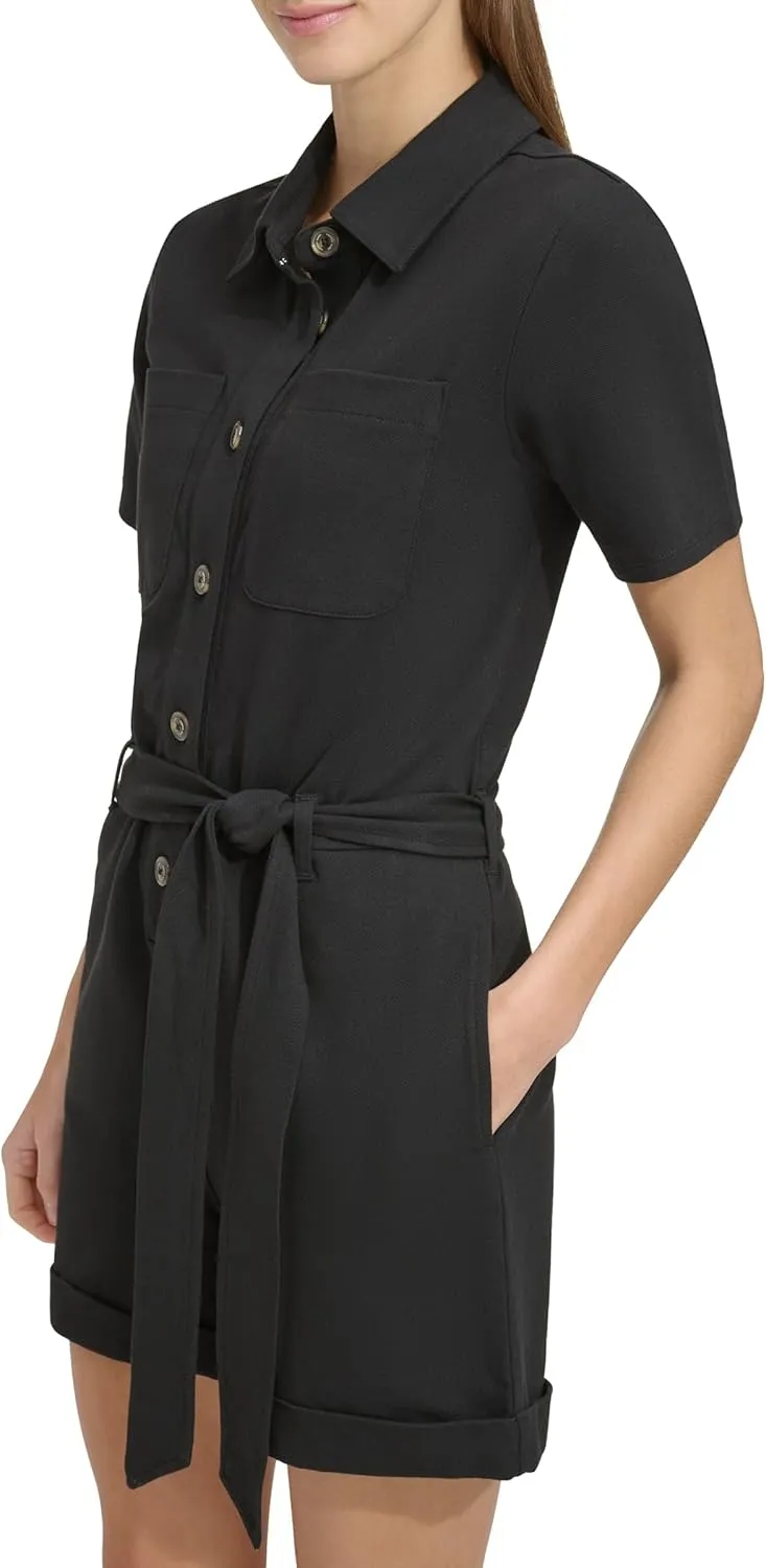 Andrew Marc Womens Short Sleeve Button Front Stretch Knit Utility Romper