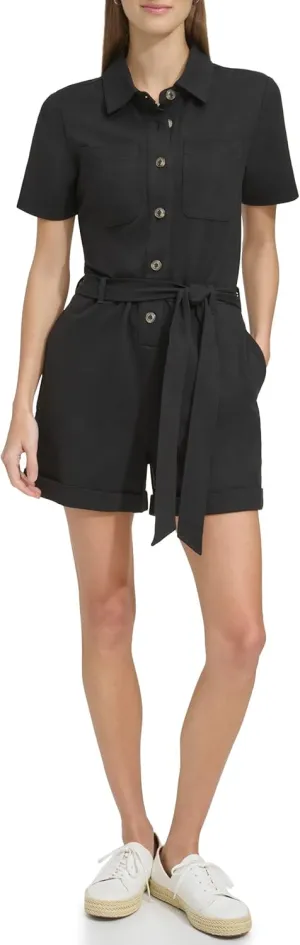 Andrew Marc Womens Short Sleeve Button Front Stretch Knit Utility Romper