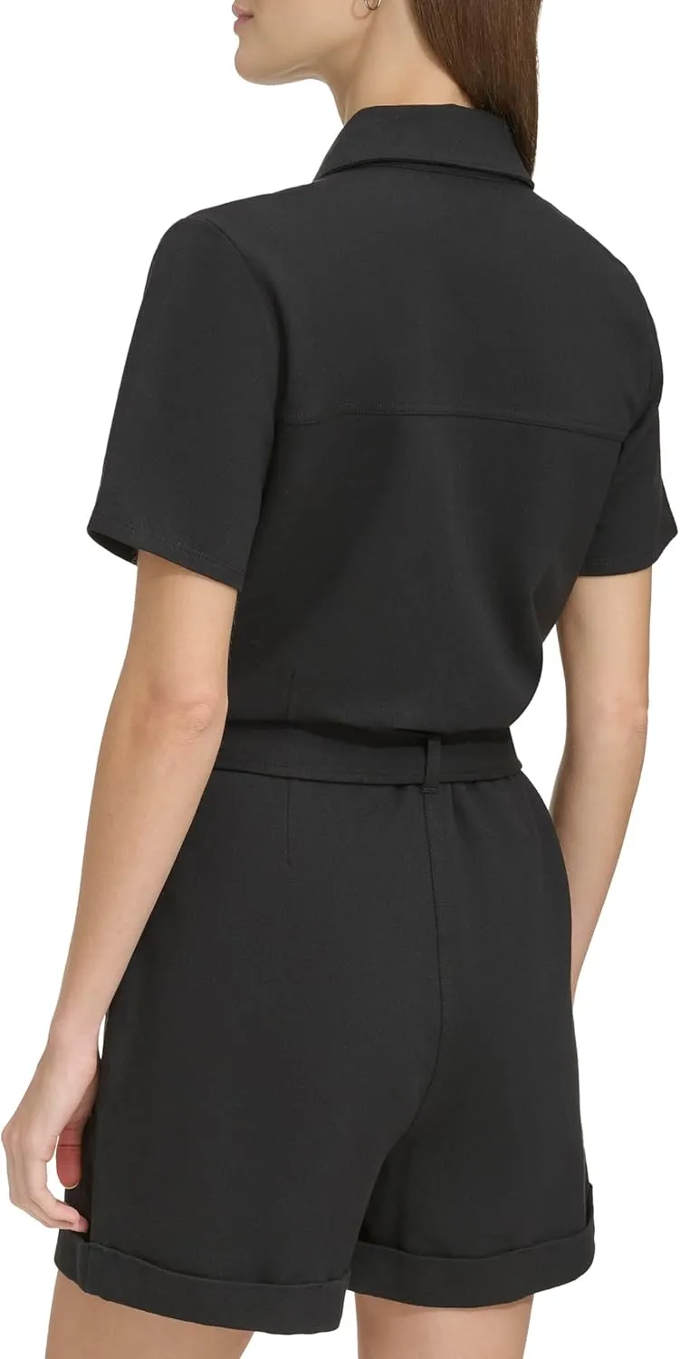 Andrew Marc Womens Short Sleeve Button Front Stretch Knit Utility Romper