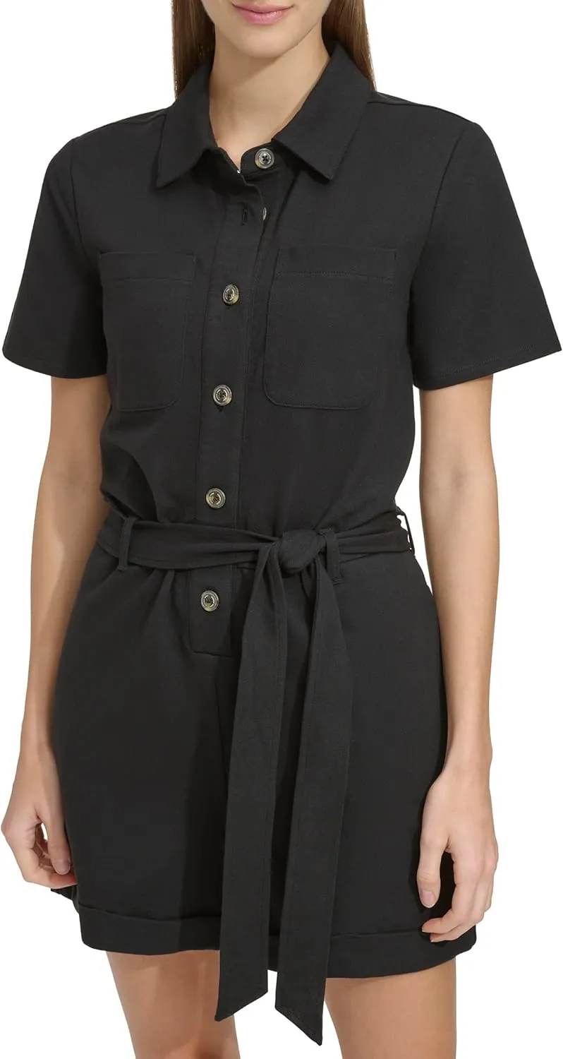 Andrew Marc Womens Short Sleeve Button Front Stretch Knit Utility Romper