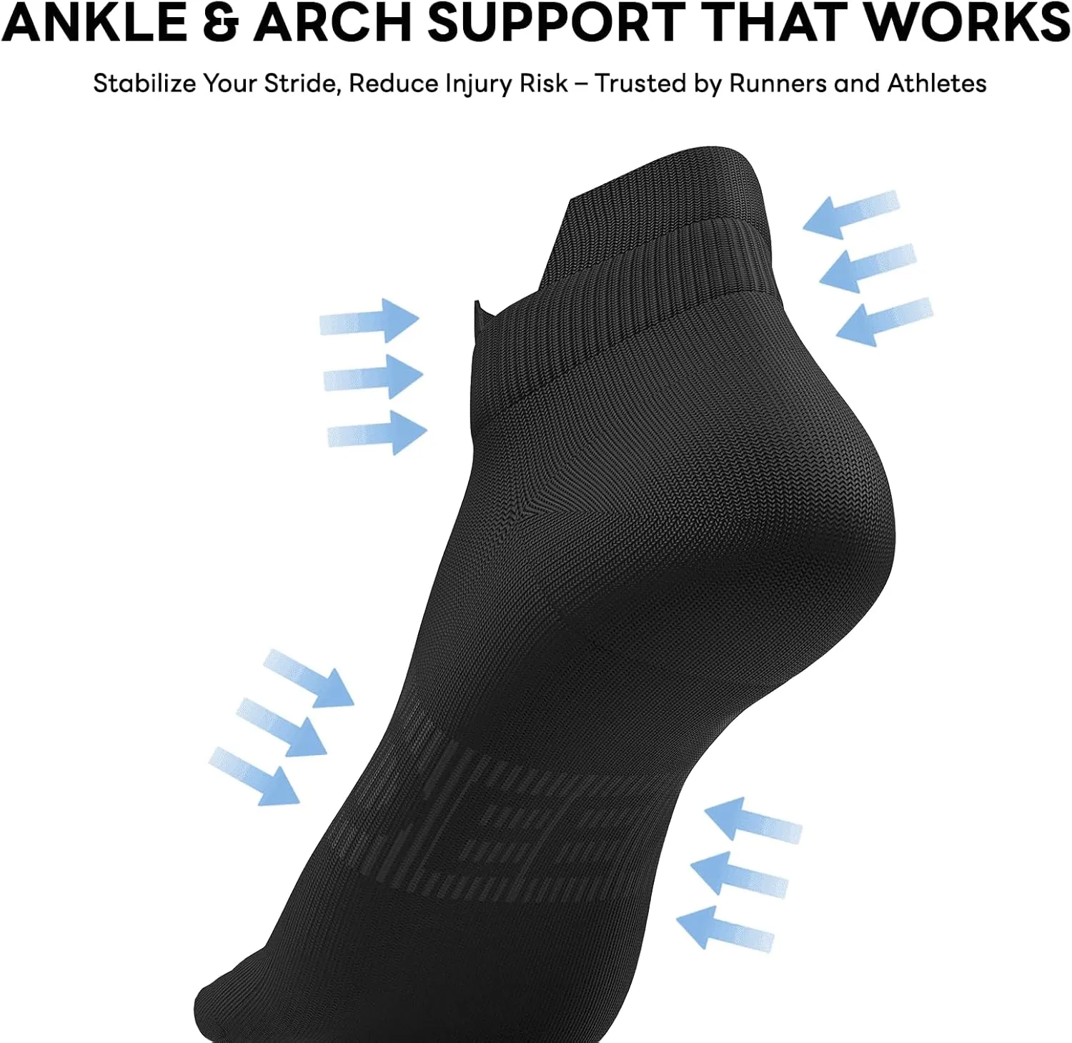 Ankle Compression Socks for Men and Women, 6 Pairs Low Cut Athletic Running Sock with Arch Support and Heel Tab
