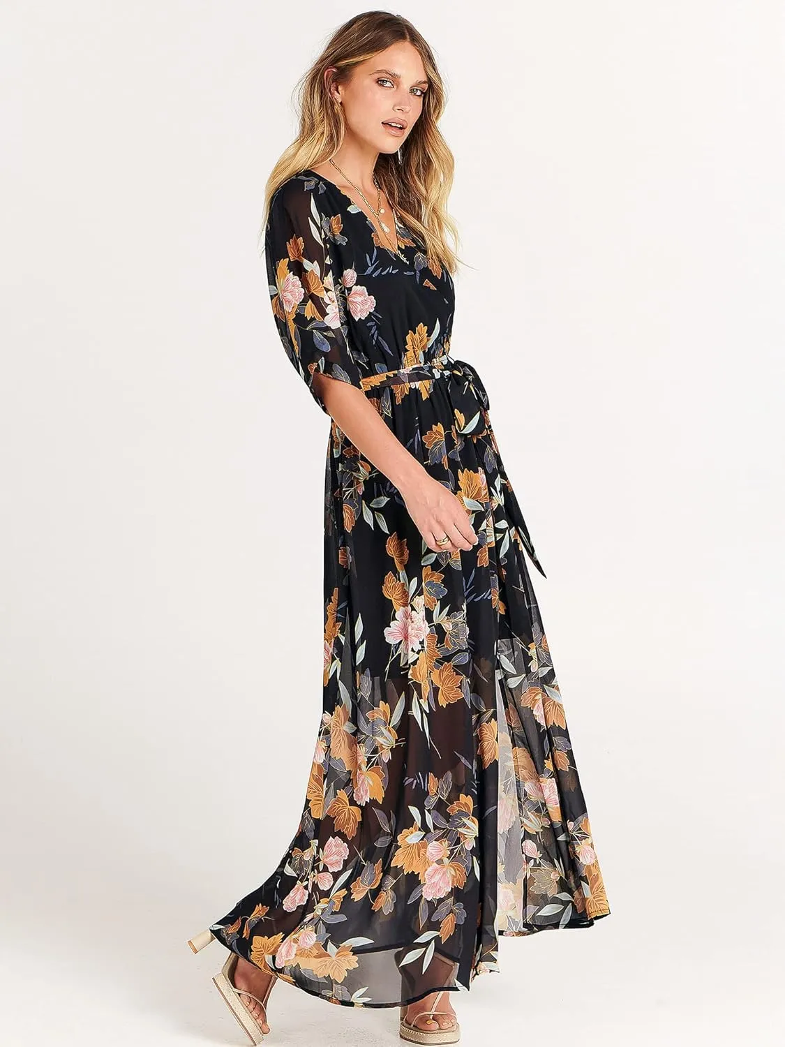 ANRABESS Women’s Summer Loose Boho Flowy Wrap V Neck 3/4 Sleeve Floral Print Slit Beach Wedding Guest Long Maxi Dresses