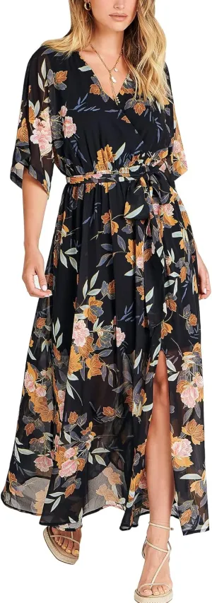 ANRABESS Women’s Summer Loose Boho Flowy Wrap V Neck 3/4 Sleeve Floral Print Slit Beach Wedding Guest Long Maxi Dresses