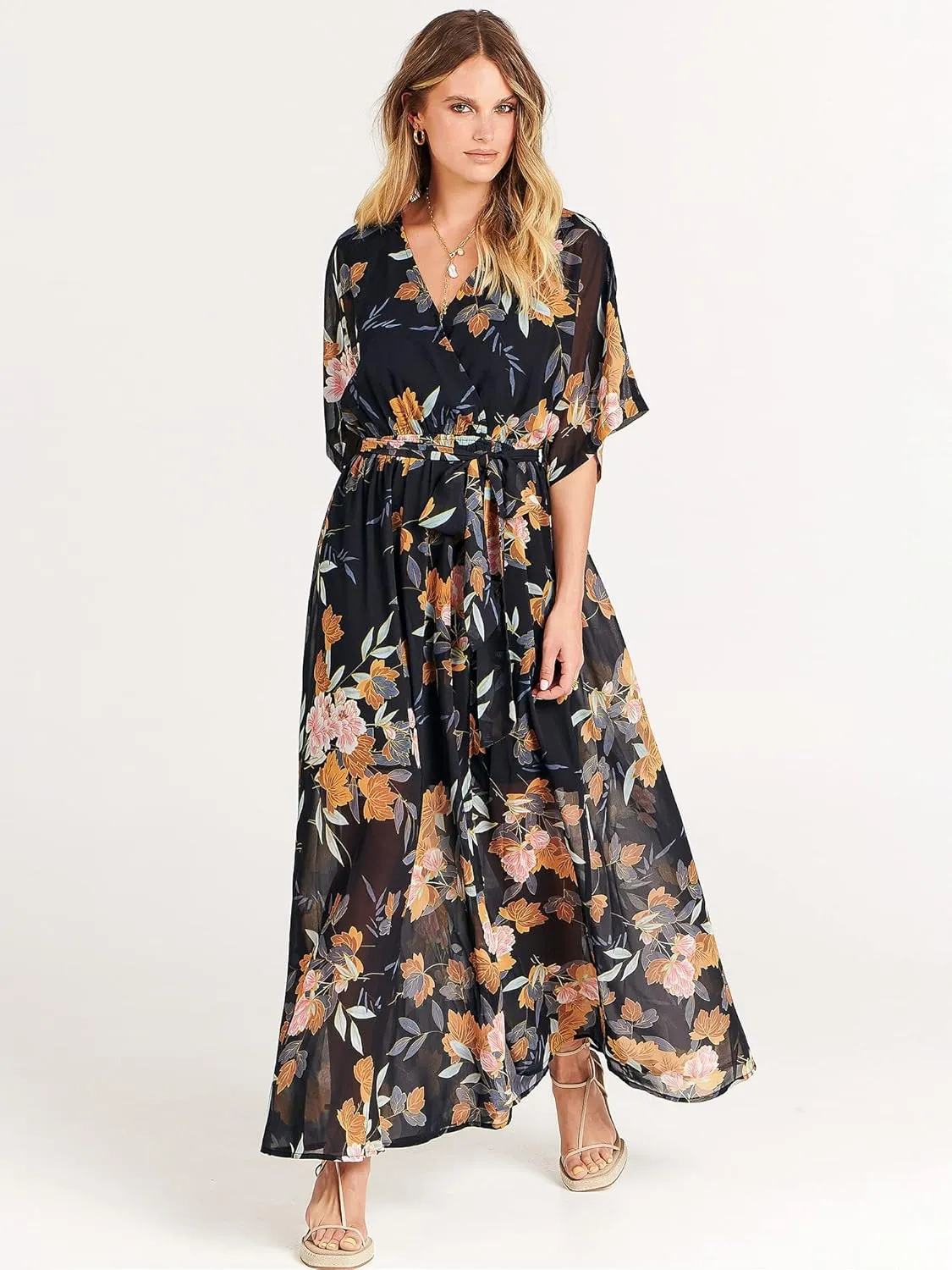 ANRABESS Women’s Summer Loose Boho Flowy Wrap V Neck 3/4 Sleeve Floral Print Slit Beach Wedding Guest Long Maxi Dresses