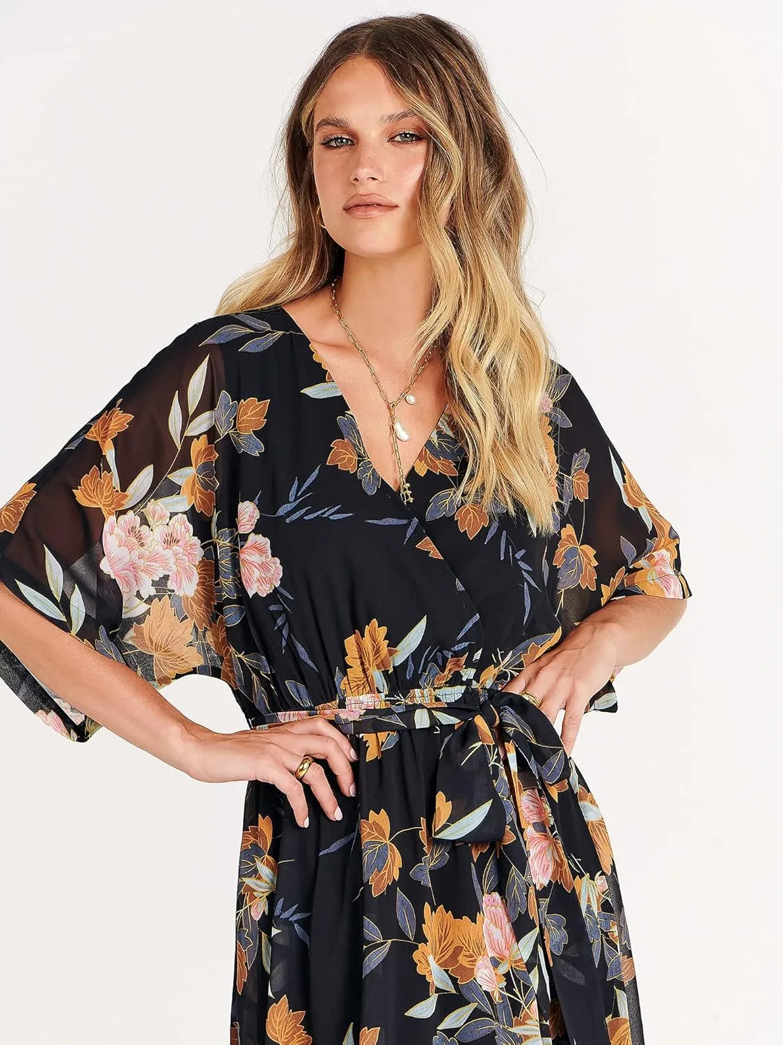ANRABESS Women’s Summer Loose Boho Flowy Wrap V Neck 3/4 Sleeve Floral Print Slit Beach Wedding Guest Long Maxi Dresses
