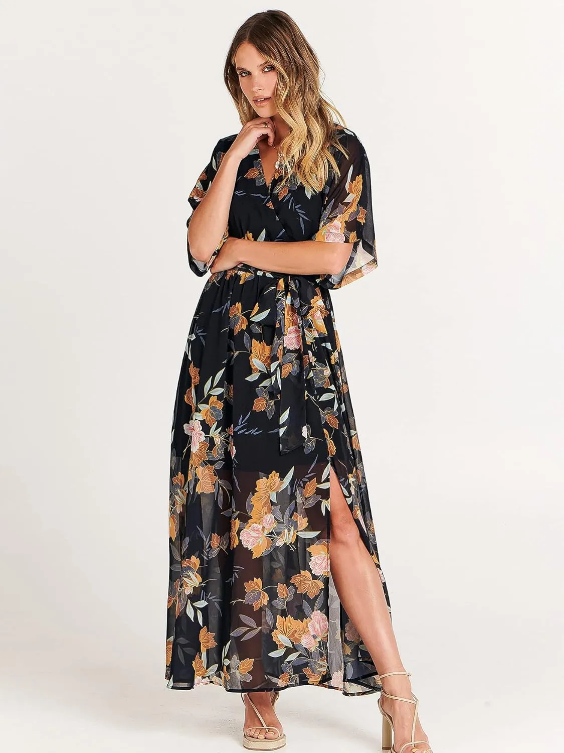 ANRABESS Women’s Summer Loose Boho Flowy Wrap V Neck 3/4 Sleeve Floral Print Slit Beach Wedding Guest Long Maxi Dresses