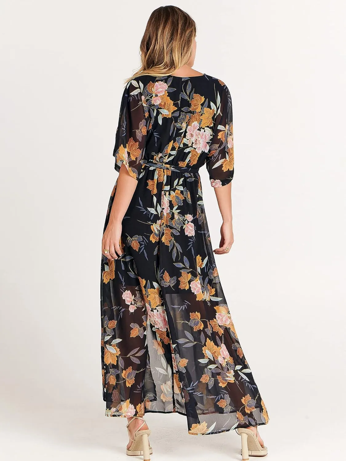 ANRABESS Women’s Summer Loose Boho Flowy Wrap V Neck 3/4 Sleeve Floral Print Slit Beach Wedding Guest Long Maxi Dresses