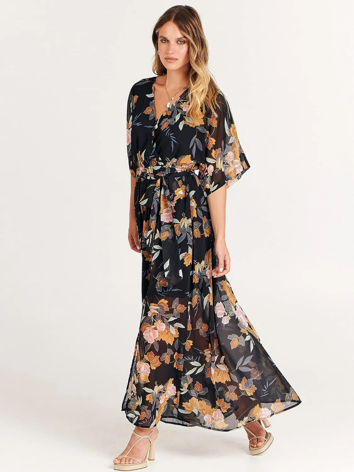 ANRABESS Women’s Summer Loose Boho Flowy Wrap V Neck 3/4 Sleeve Floral Print Slit Beach Wedding Guest Long Maxi Dresses