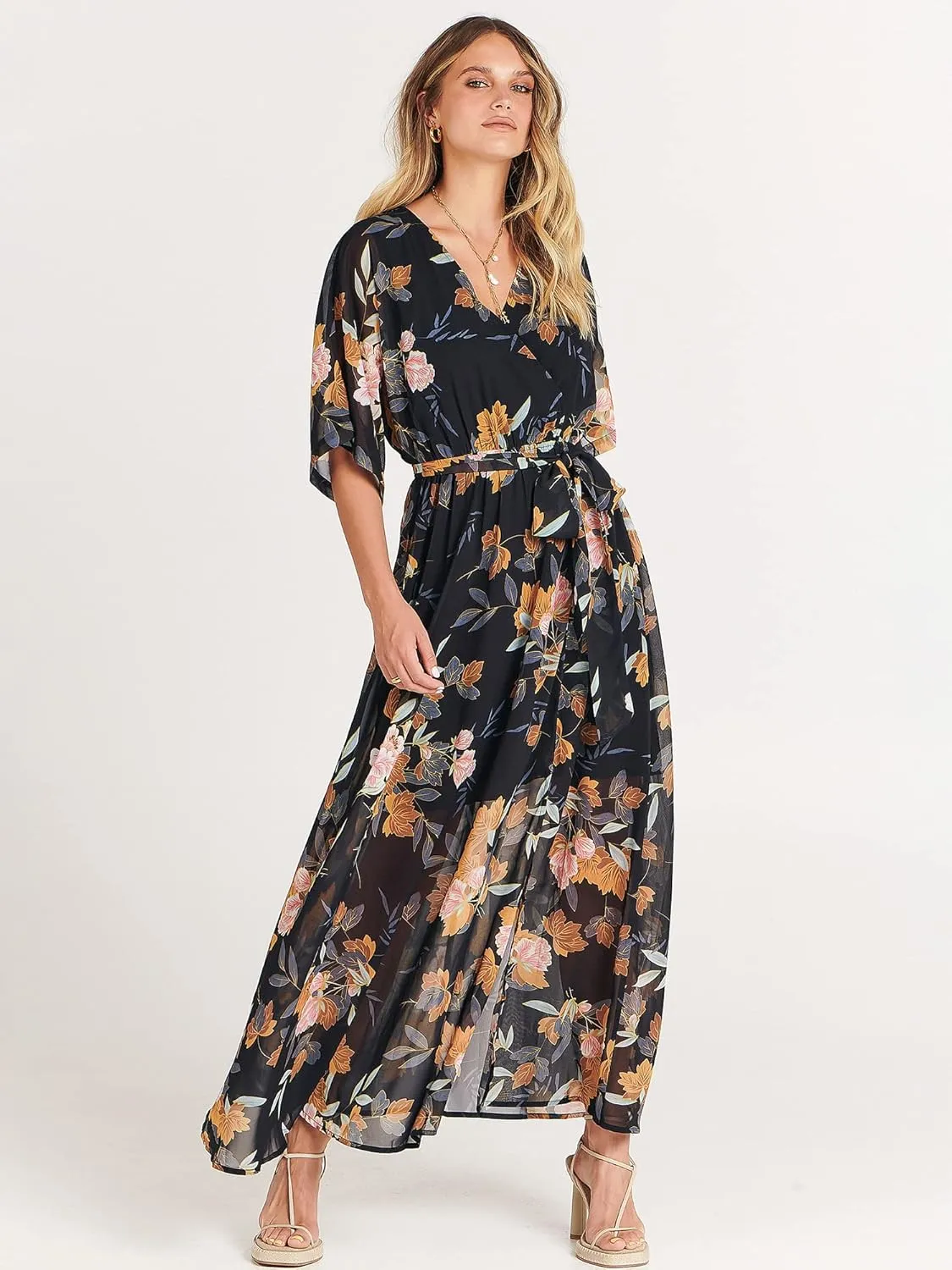ANRABESS Women’s Summer Loose Boho Flowy Wrap V Neck 3/4 Sleeve Floral Print Slit Beach Wedding Guest Long Maxi Dresses