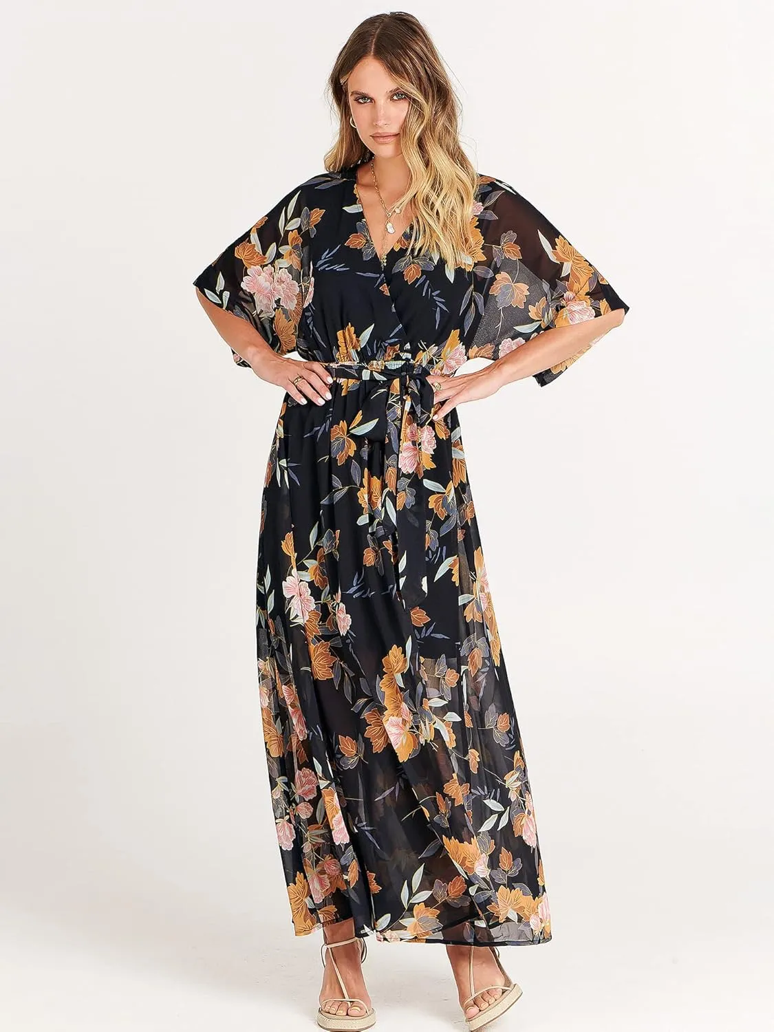 ANRABESS Women’s Summer Loose Boho Flowy Wrap V Neck 3/4 Sleeve Floral Print Slit Beach Wedding Guest Long Maxi Dresses