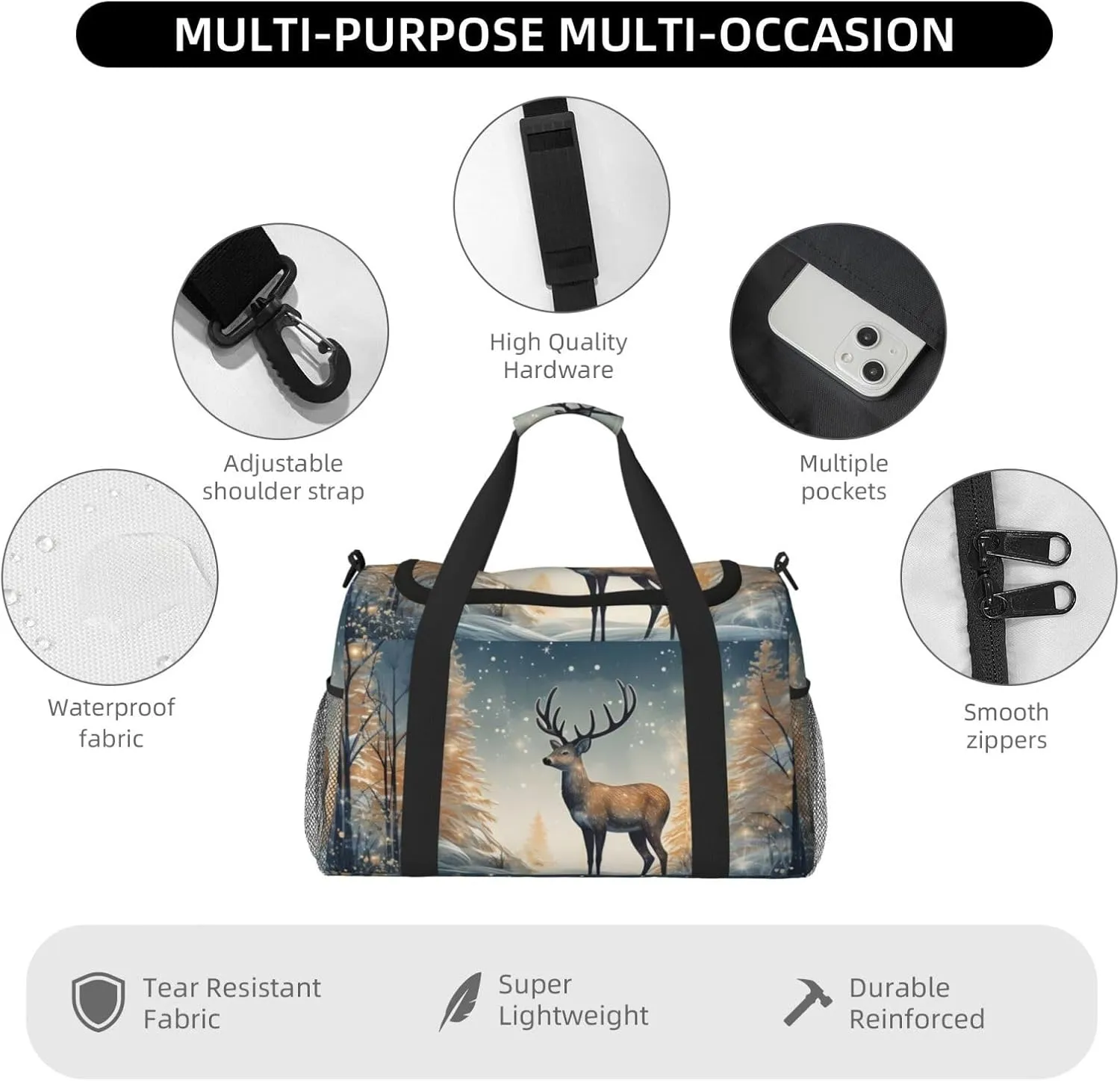Art Deer Forest Duffle Bag Foldable Travel Tote Bag Carry On Large Weekender Overnight Bags Waterproof Gym Bag For Women Men