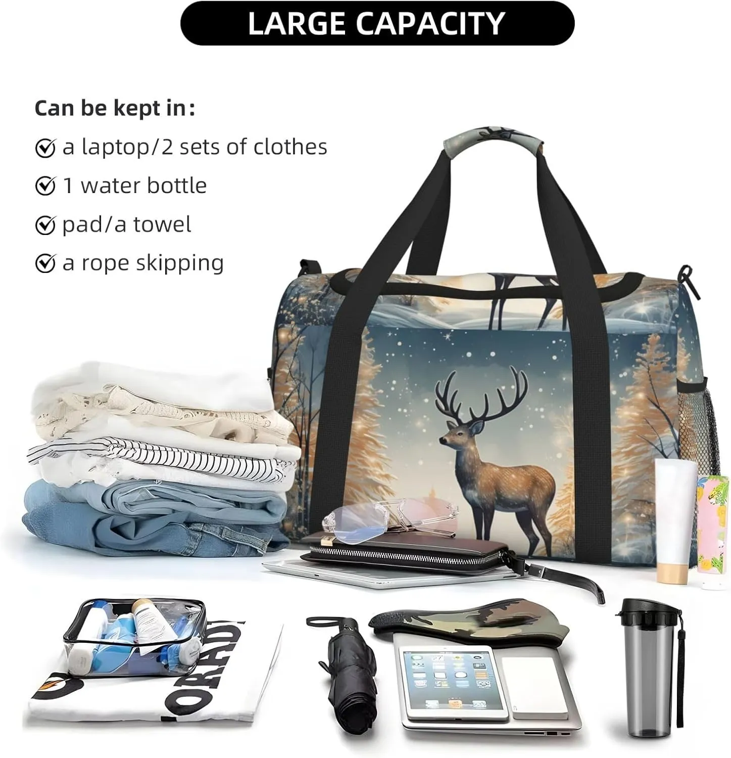 Art Deer Forest Duffle Bag Foldable Travel Tote Bag Carry On Large Weekender Overnight Bags Waterproof Gym Bag For Women Men