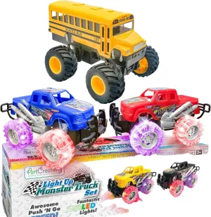 ArtCreativity Light Up Monster Trucks and Monster School Bus Set - The Ultimate Gifts for Kids