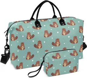 Aslsiy Travel Duffel Bags for Women Cute Beaver and Heart Sports Duffel Bag Dark Green Weekender Bags Gym Bag with Toiletry Bag Carry on Overnight Bag