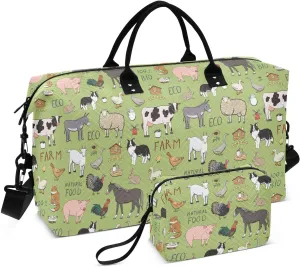 Aslsiy Travel Duffel Bags for Women Farm Animals Green Sports Duffel Bag Pig Turkey Geese Weekender Bags Gym Bag with Toiletry Bag Carry on Overnight Bag