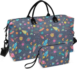Aslsiy Travel Duffel Bags for Women Space Rocket Star Plane Sports Duffel Bag Space Probe Weekender Bags Gym Bag with Toiletry Bag Carry on Overnight Bag