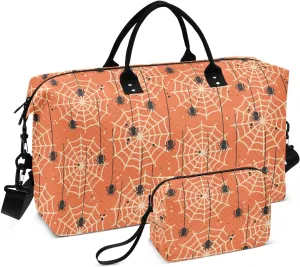 Aslsiy Travel Duffel Bags for Women Spider and Spider Web Sport Duffel Bag Halloween Orange Weekender Bags Gym Bag with Toiletry Bag Carry on Overnight Bag