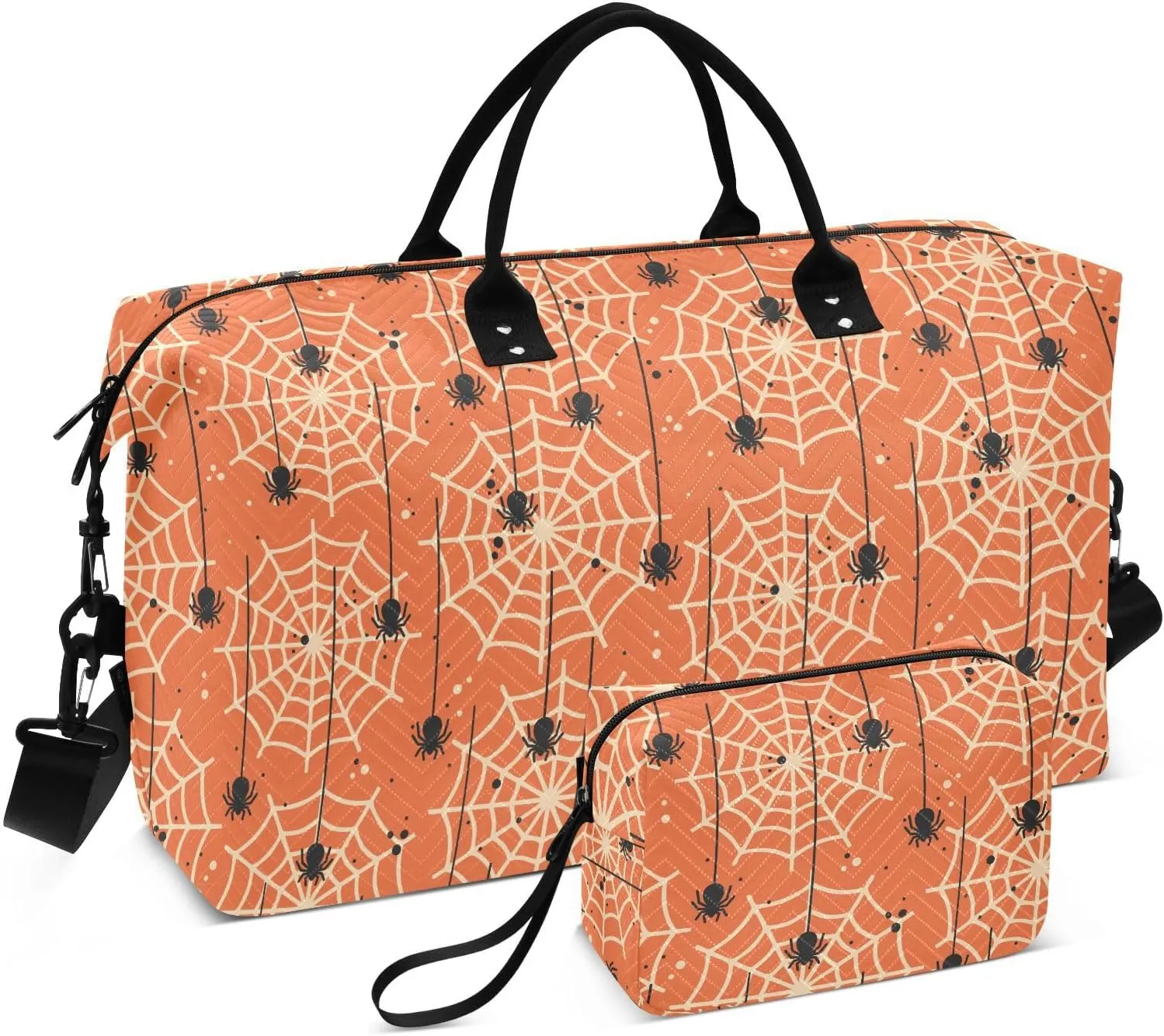 Aslsiy Travel Duffel Bags for Women Spider and Spider Web Sport Duffel Bag Halloween Orange Weekender Bags Gym Bag with Toiletry Bag Carry on Overnight Bag