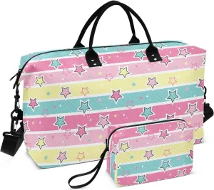 Aslsiy Travel Duffel Bags for Women Star Colorful Magic Sport Duffel Bag Rainbow Stripe Weekender Bag Gym Bag with Toiletry Bag Carry on Overnight Bag