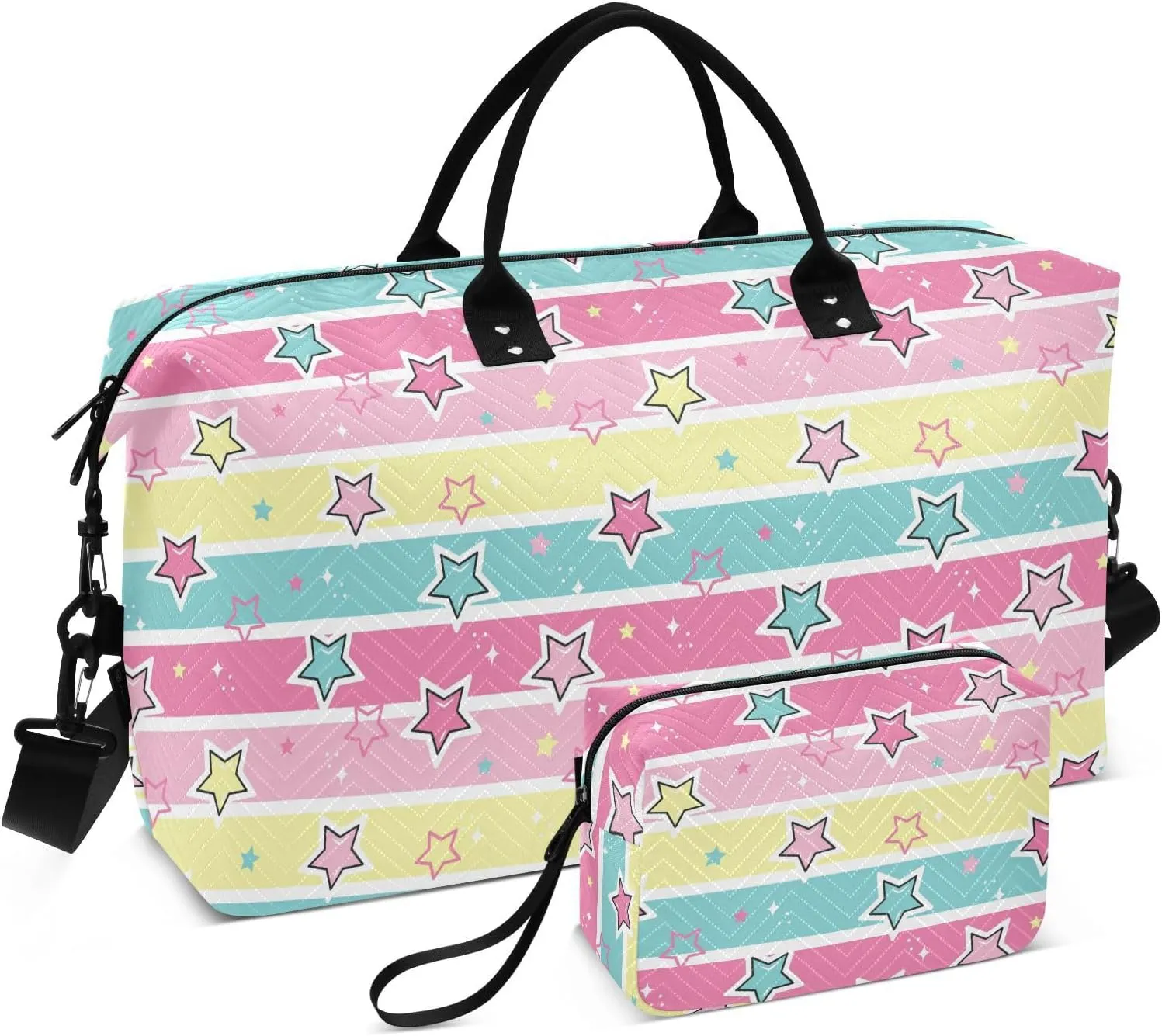 Aslsiy Travel Duffel Bags for Women Star Colorful Magic Sport Duffel Bag Rainbow Stripe Weekender Bag Gym Bag with Toiletry Bag Carry on Overnight Bag