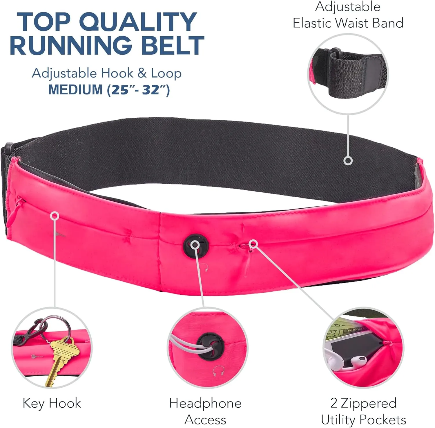 Athlé Running Belt for Exercise and Travel - Two Stretch Pockets Fit Most Phones, Wallet, Cards and More - Key Clip, Earphone Jack, Adjustable Waist Strap