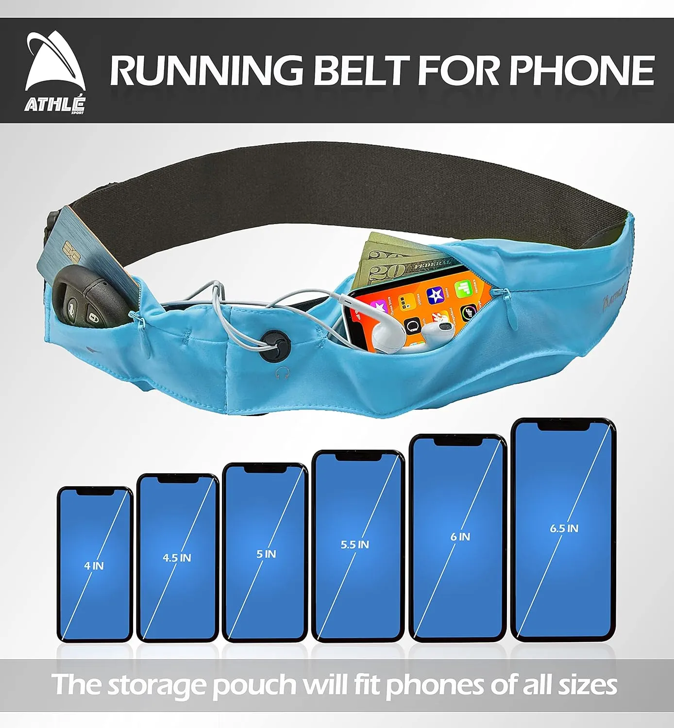 Athlé Running Belt for Exercise and Travel - Two Stretch Pockets Fit Most Phones, Wallet, Cards and More - Key Clip, Earphone Jack, Adjustable Waist Strap