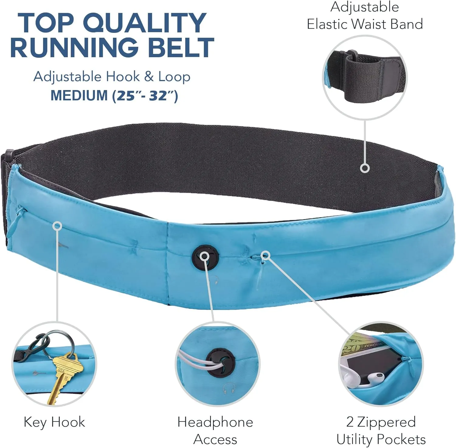 Athlé Running Belt for Exercise and Travel - Two Stretch Pockets Fit Most Phones, Wallet, Cards and More - Key Clip, Earphone Jack, Adjustable Waist Strap