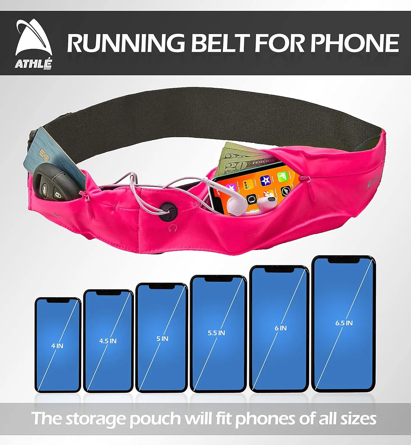 Athlé Running Belt for Exercise and Travel - Two Stretch Pockets Fit Most Phones, Wallet, Cards and More - Key Clip, Earphone Jack, Adjustable Waist Strap