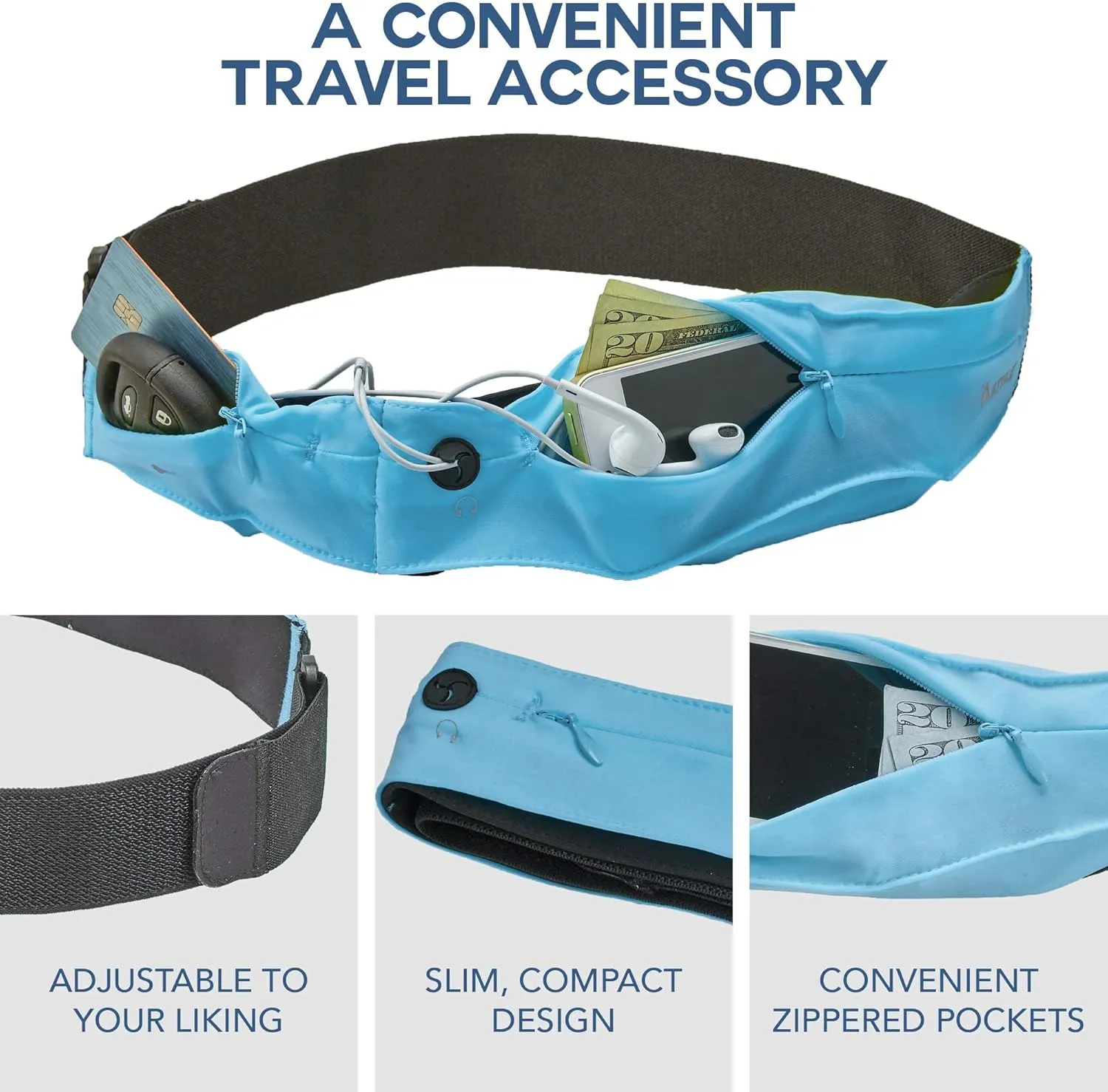Athlé Running Belt for Exercise and Travel - Two Stretch Pockets Fit Most Phones, Wallet, Cards and More - Key Clip, Earphone Jack, Adjustable Waist Strap