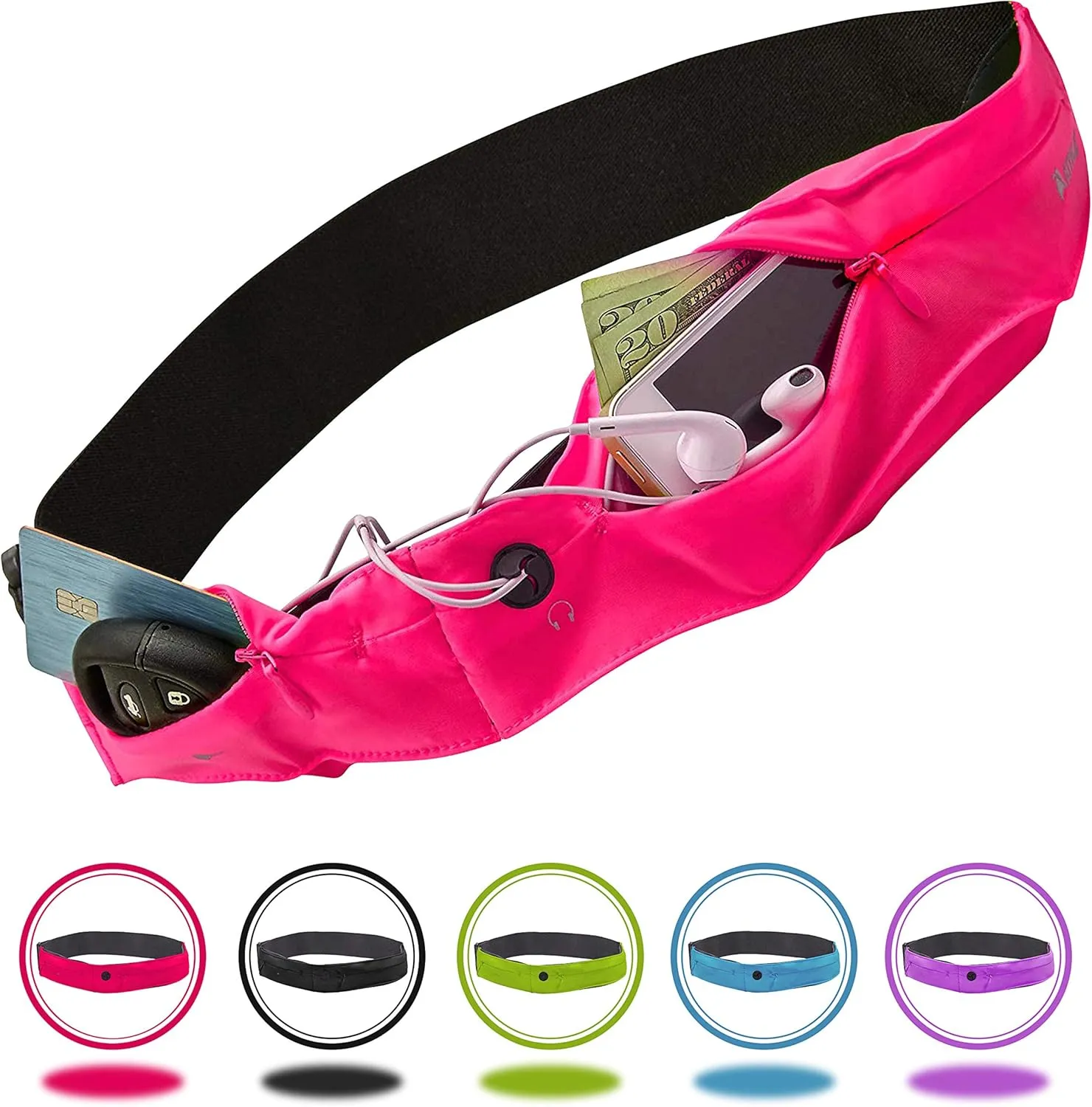 Athlé Running Belt for Exercise and Travel - Two Stretch Pockets Fit Most Phones, Wallet, Cards and More - Key Clip, Earphone Jack, Adjustable Waist Strap