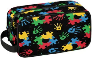 Autism Awareness Kids Toiletry Bag Colorful Puzzle Print Waterproof Hanging Cosmetic Pouch Dopp Kit Medicine Travel Organizer Bag for Girls & Boys